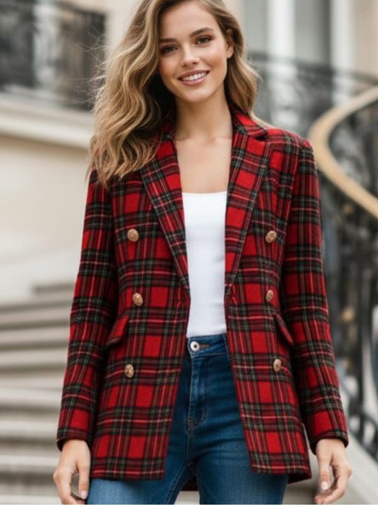 Zara Jackets & Blazers - Zara Red Black Tartan Plaid Tweed Double Breasted Blazer Jacket Size Medium